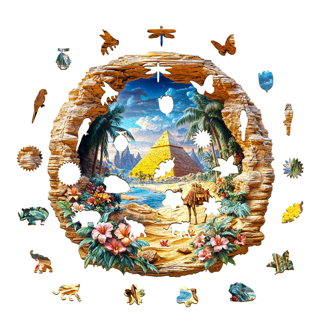 Oasis Mirage Wooden Jigsaw Puzzle showcasing a vibrant scene with pyramids, flowers, and diverse puzzle pieces.