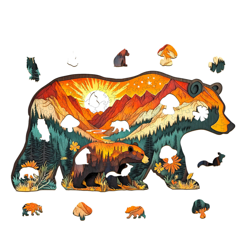 Colorful bears wooden jigsaw puzzle surrounded by vibrant nature pieces for a fun mind game experience.
