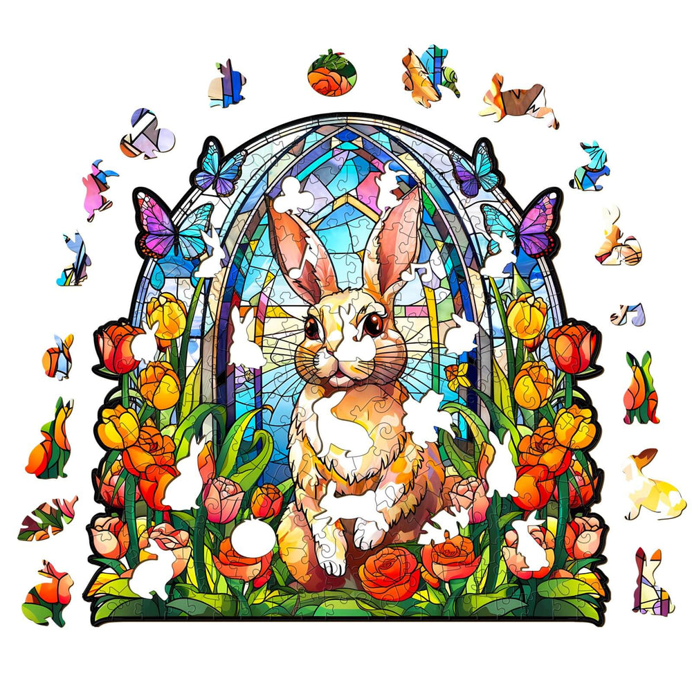 Stained Glass Rabbit jigsaw puzzle with colorful pieces featuring a bunny and spring flowers, perfect for mind games and focus.