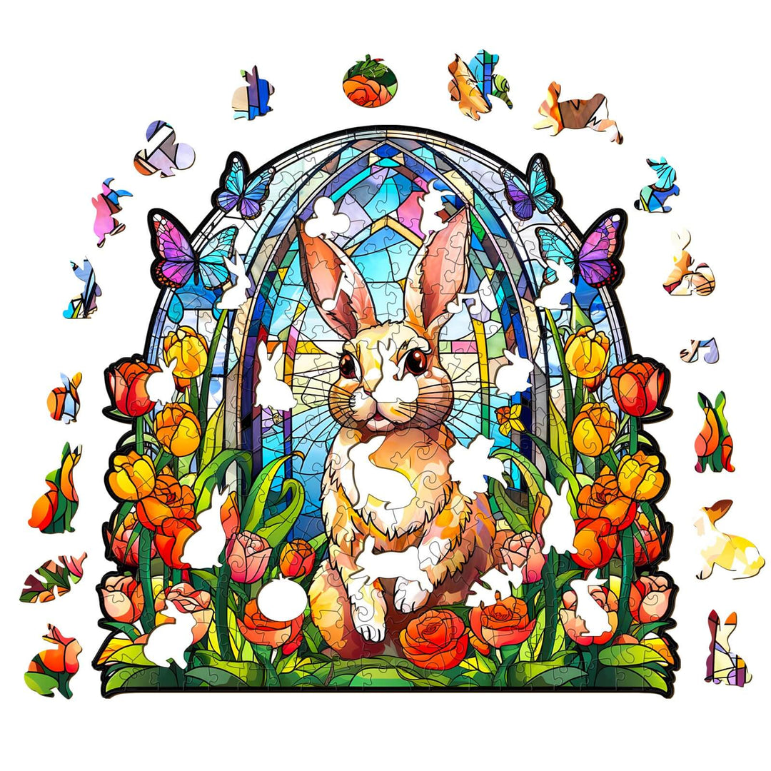 Stained Glass Rabbit jigsaw puzzle with colorful pieces featuring a bunny and spring flowers, perfect for mind games and focus.