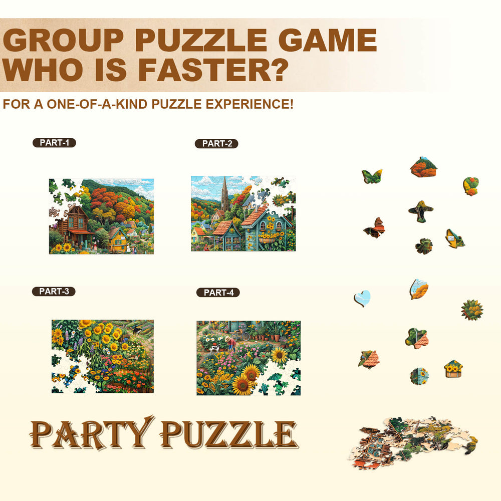 Group puzzle game showcasing 'Party Puzzle' with vibrant scenes of nature and colorful butterflies for a fun experience.