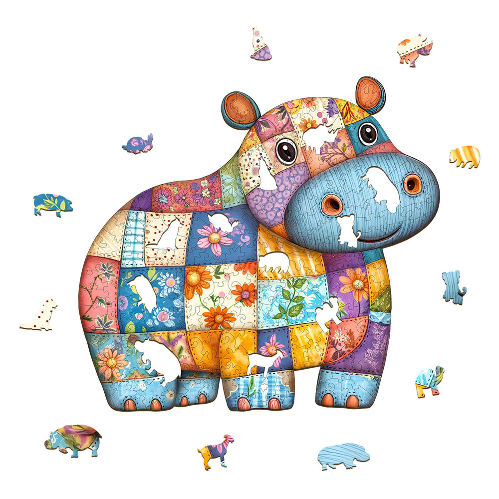 Colorful Patchwork Hippo Wooden Jigsaw Puzzle with flower and animal patterns, designed for fun and focus.