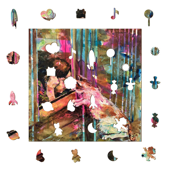 Colorful abstract artwork of a girl and a dog surrounded by whimsical puzzle pieces by artist Arlet Gomez.