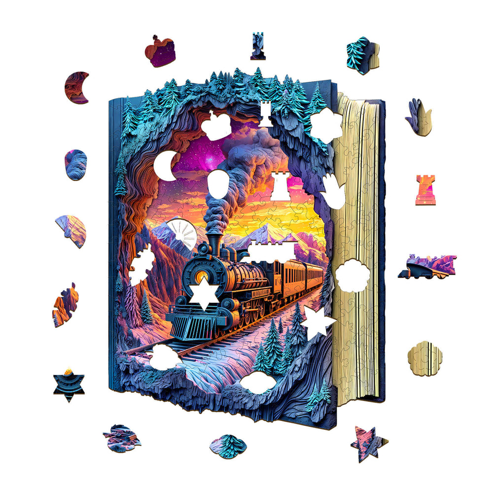 3D Aurora Train Wooden Jigsaw Puzzle with colorful pieces around, perfect for enhancing focus and cognitive skills.