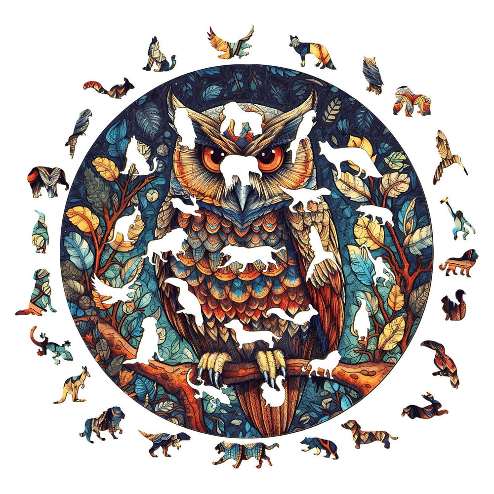 Mystic Owl Wooden Jigsaw Puzzle featuring an intricately designed owl surrounded by animal-shaped puzzle pieces.