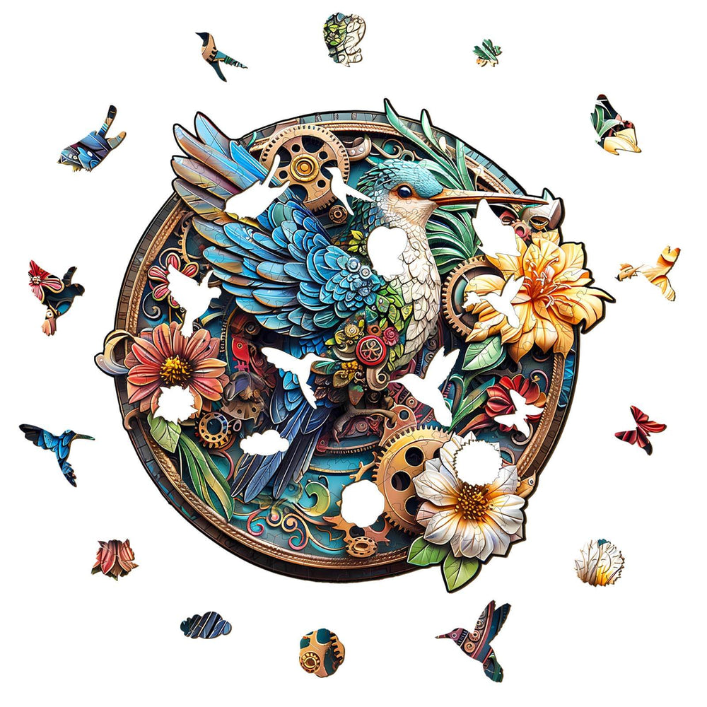 Beautiful wooden jigsaw puzzle of a colorful hummingbird surrounded by flowers and other birds, designed for puzzle enthusiasts.