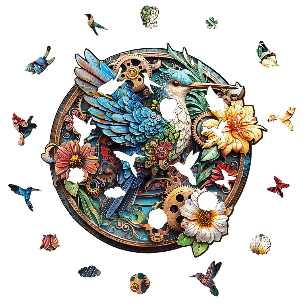 Beautiful wooden jigsaw puzzle of a colorful hummingbird surrounded by flowers and other birds, designed for puzzle enthusiasts.