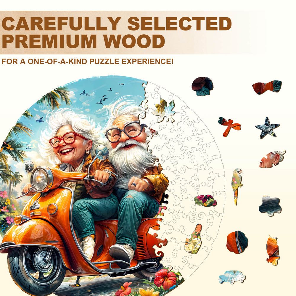 Motorcycle Granny-1 wooden jigsaw puzzle featuring elderly couple on scooter, highlighting premium wood quality for unique puzzle experience.