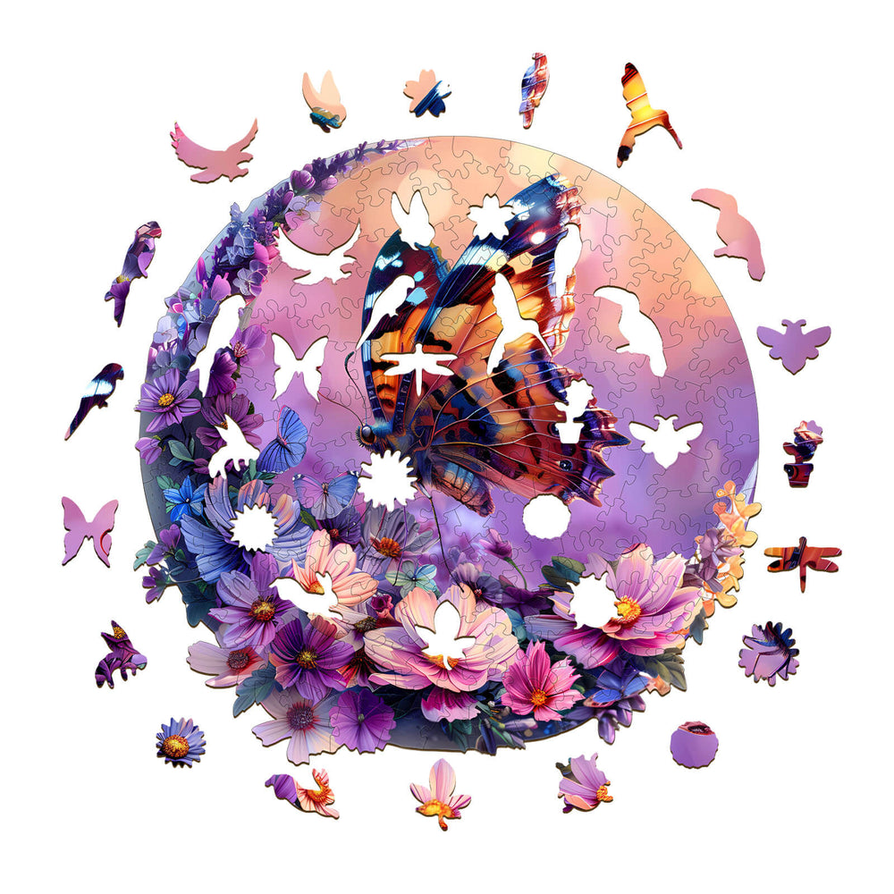Colorful Butterfly and Moon-1 wooden jigsaw puzzle pieces surrounded by blooming flowers and flying insects.