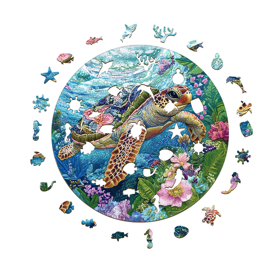 Embroidered Turtle wooden jigsaw puzzle showcasing vibrant underwater scene with diverse marine life.
