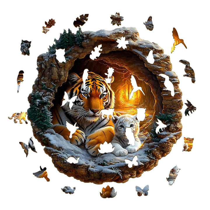 3D Tiger Family-2 wooden jigsaw puzzle featuring a tiger and cub in a vibrant forest scene.