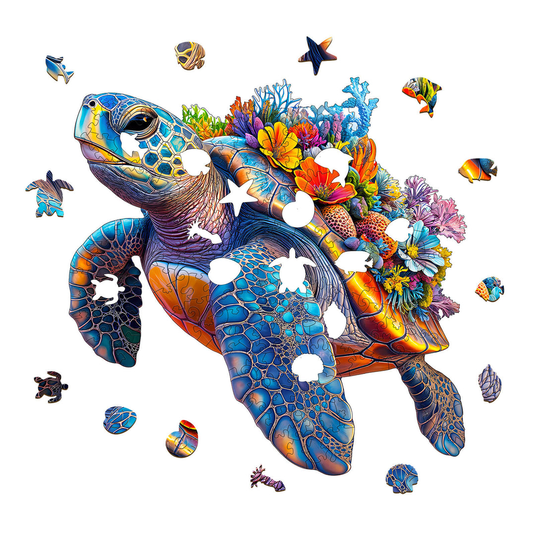Colorful coral and turtle wooden jigsaw puzzle with missing pieces, perfect for enhancing focus and cognitive skills.
