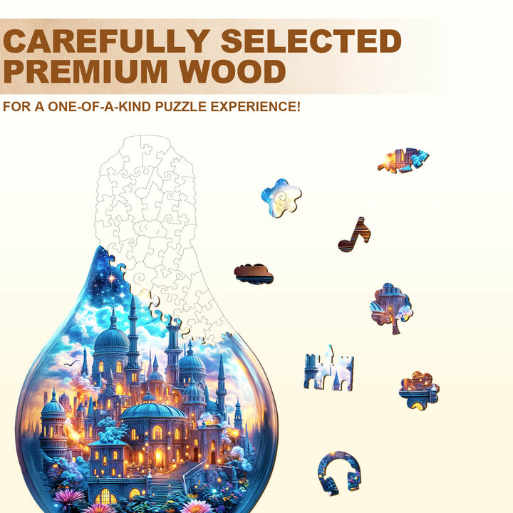 Moonlit Realm wooden jigsaw puzzle pieces showcasing vibrant imagery and premium craftsmanship for an engaging experience.