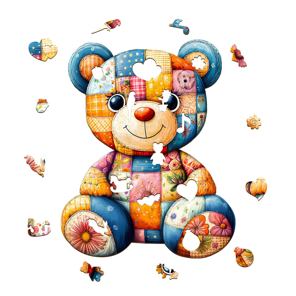 Colorful Patchwork Bear wooden jigsaw puzzle pieces for kids, enhancing focus and cognitive skills while playing.