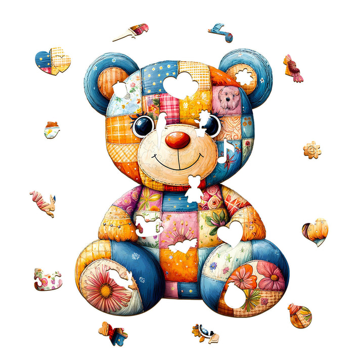 Colorful Patchwork Bear wooden jigsaw puzzle pieces for kids, enhancing focus and cognitive skills while playing.