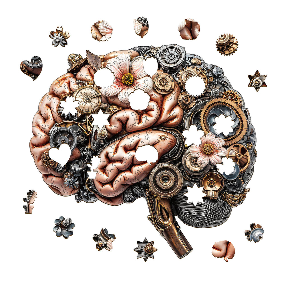 3D Mechanical Brainstem Wooden Jigsaw Puzzle featuring gears and floral designs, enhancing focus and cognitive skills.