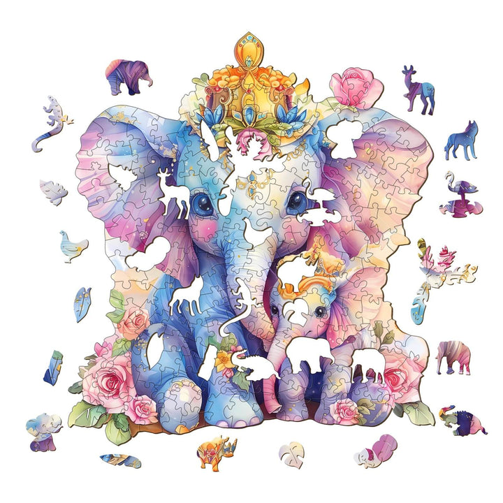 Colorful parent-child elephant wooden jigsaw puzzle pieces scattered, promoting focus and cognitive skills in puzzle-solving.