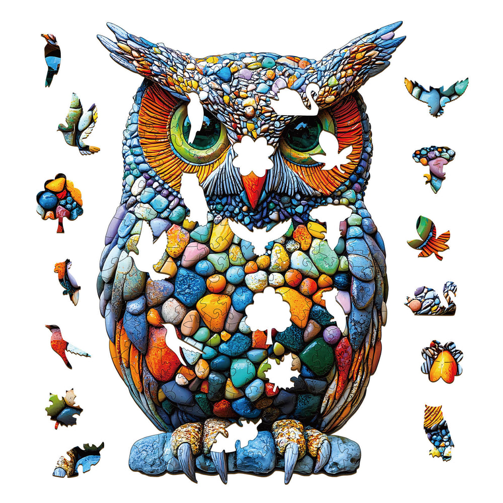 Colorful Stone Owl wooden jigsaw puzzle with vibrant pieces, perfect for mind games and enhancing focus.