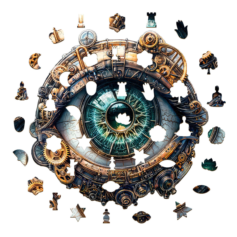 3D Mechanical eyes Wooden Jigsaw Puzzle featuring an intricate eye design with steampunk elements and missing puzzle pieces.