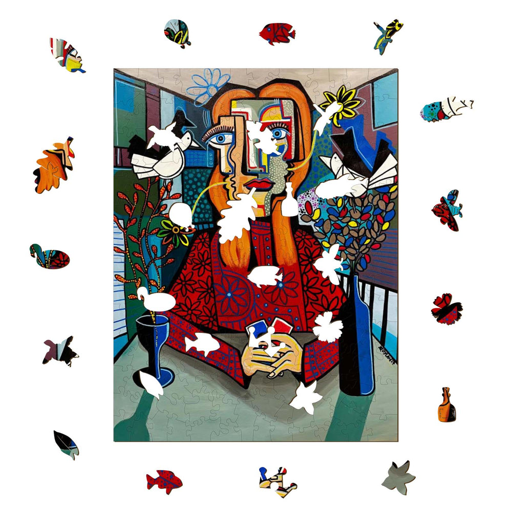 Colorful puzzle art featuring a woman with unique facial features and decorative elements by artist Dylan Gill.