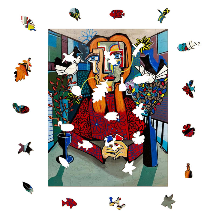 Colorful puzzle art featuring a woman with unique facial features and decorative elements by artist Dylan Gill.