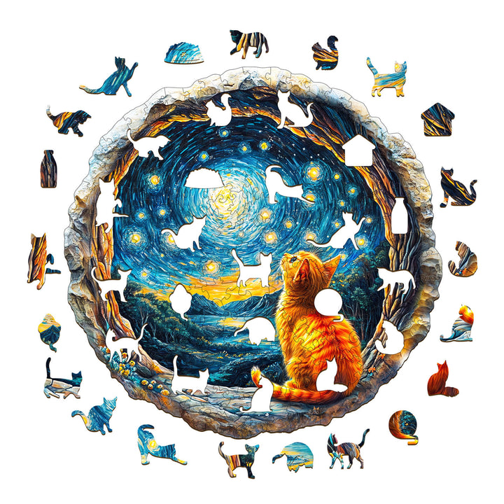Colorful 3D Starry Dream wooden jigsaw puzzle featuring a cat and starry night scene, ideal for puzzle enthusiasts.