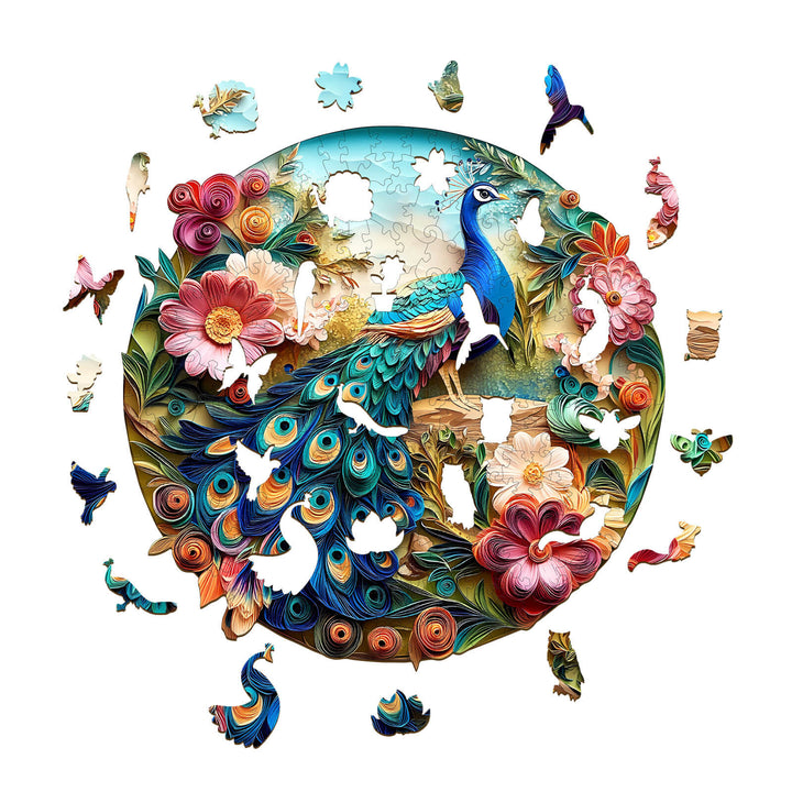 3D Colorful Peacock Wooden Jigsaw Puzzle with vibrant floral designs and missing pieces, perfect for brain games and focus.