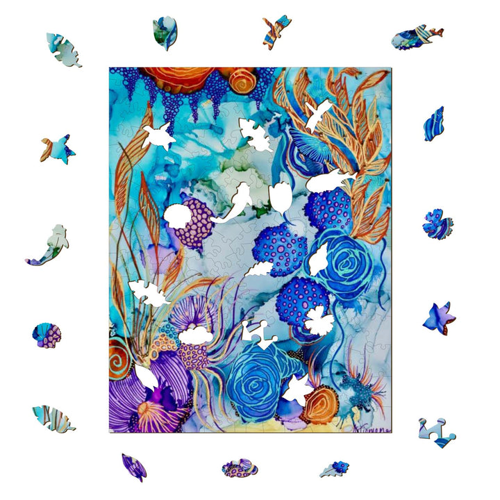 Colorful puzzle illustration featuring vibrant underwater scenes with intricate floral designs and missing puzzle pieces.
