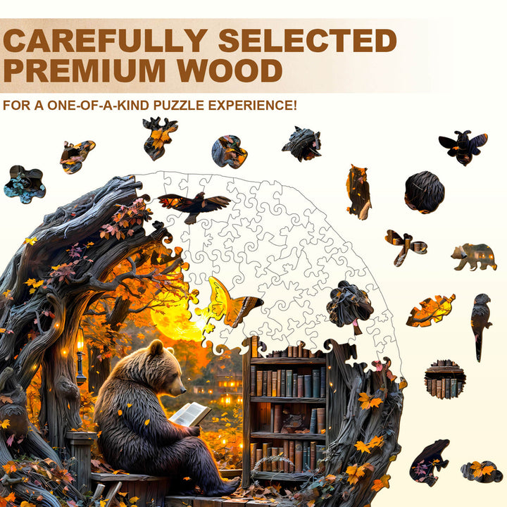 Reading bear wooden jigsaw puzzle featuring carefully selected premium wood for a unique puzzle-solving experience.