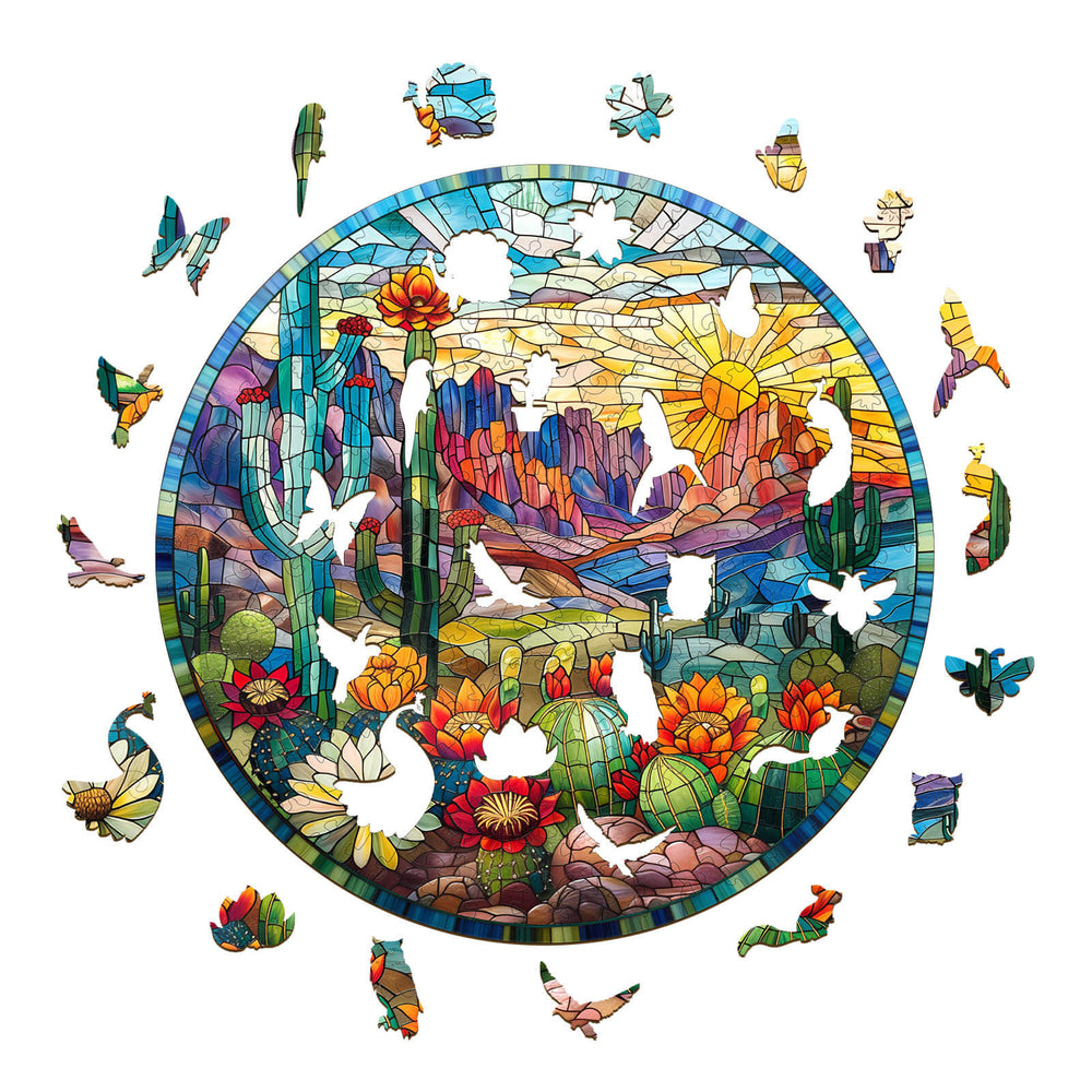 Stained Glass Cactus Wooden Jigsaw Puzzle featuring vibrant colors and shapes, enhancing focus and brain skills.