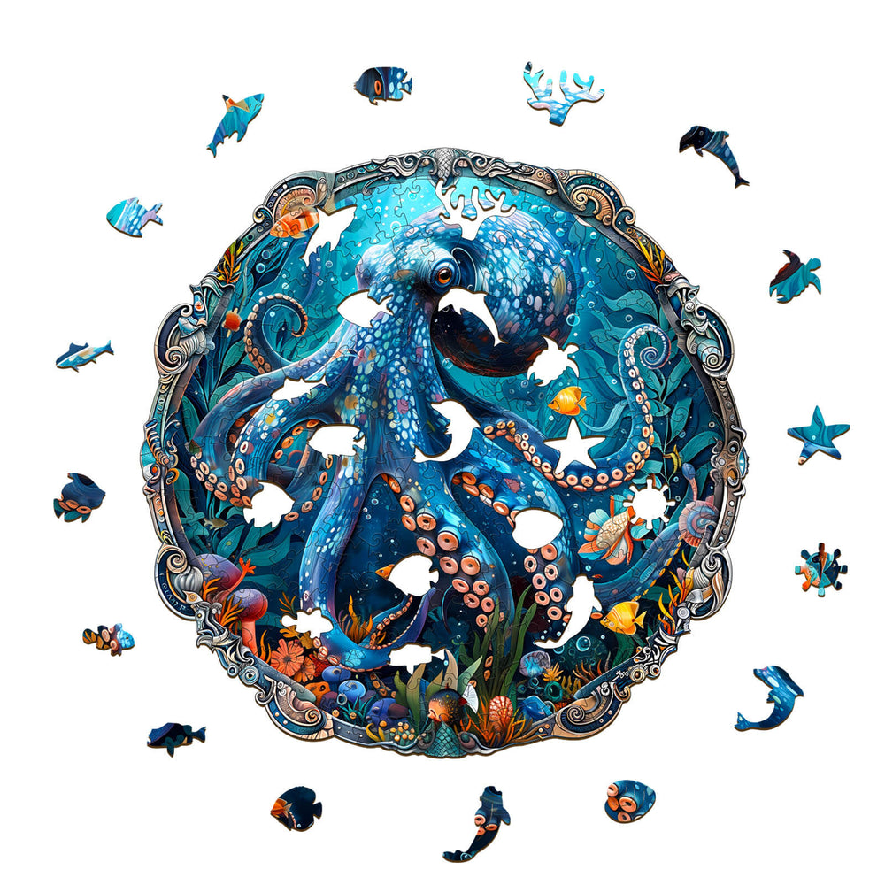 Mystic Tentacles Wooden Jigsaw Puzzle featuring a vibrant octopus and sea life pieces, perfect for enhancing focus and cognitive skills.