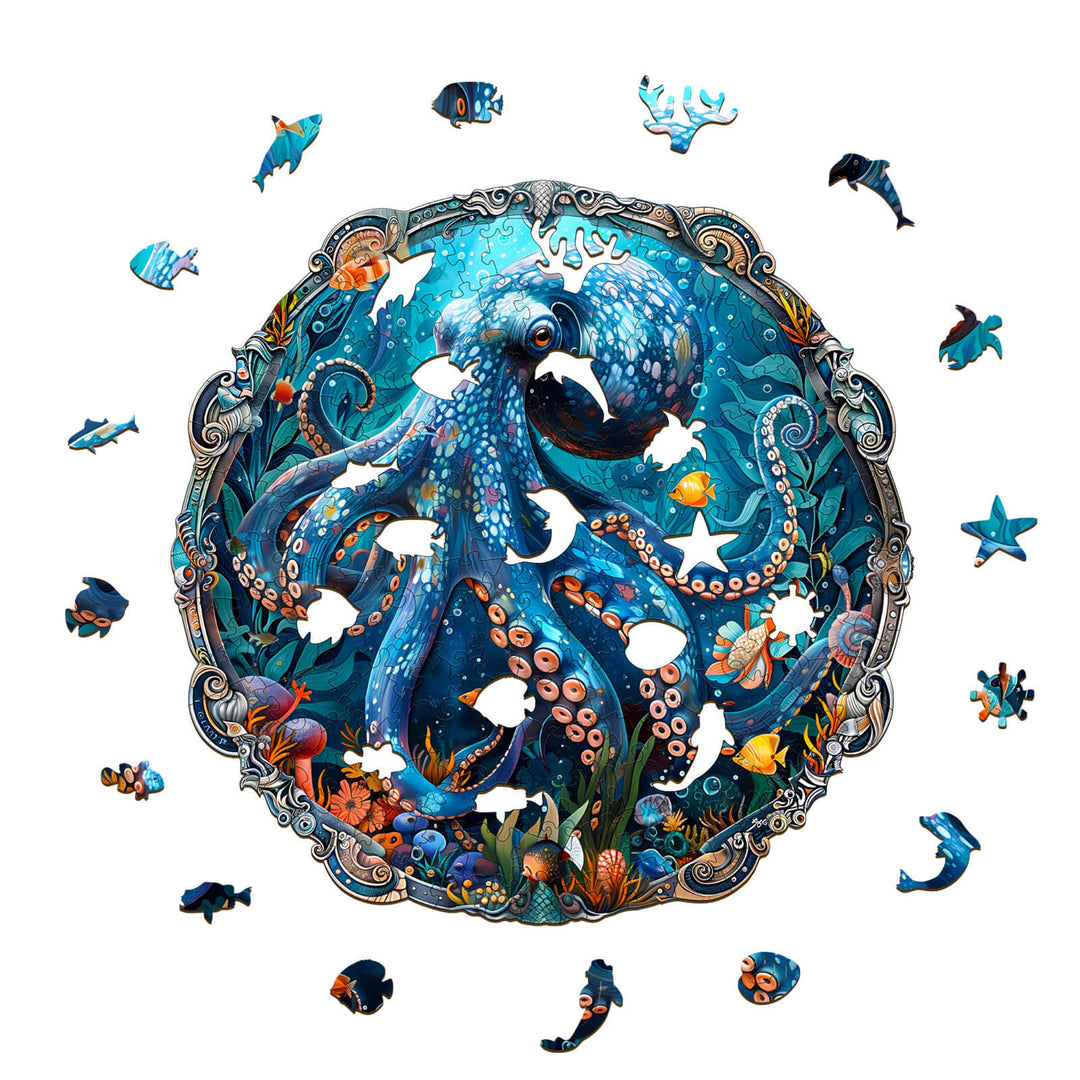 Mystic Tentacles Wooden Jigsaw Puzzle featuring a vibrant octopus and sea life pieces, perfect for enhancing focus and cognitive skills.