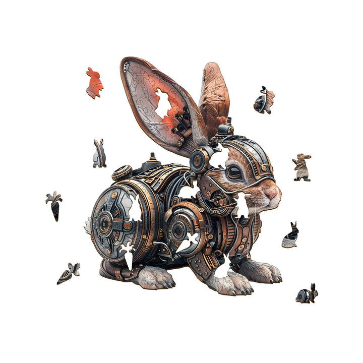 Mechanical rabbit wooden jigsaw puzzle featuring intricate design and scattered puzzle pieces, ideal for mind games.