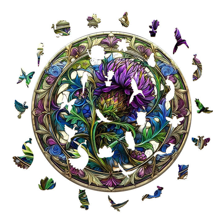 Scotch Thistle wooden jigsaw puzzle with intricate floral design and colorful puzzle pieces scattered around.