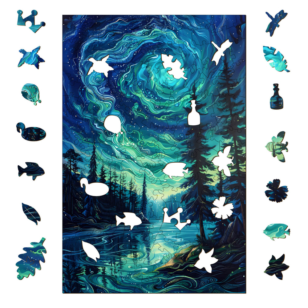 Night Aurora-2 wooden jigsaw puzzle showcasing vibrant swirling colors and nature-themed pieces for brain-boosting fun.
