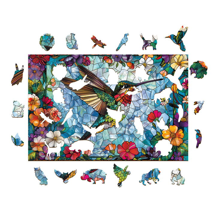 Stained Glass Hummingbird-4 wooden jigsaw puzzle with colorful pieces surrounded by floral designs.