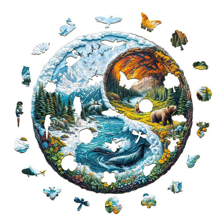 Yin yang glacial forest wooden jigsaw puzzle showcasing wildlife in a circular design for mind-enhancing activities.