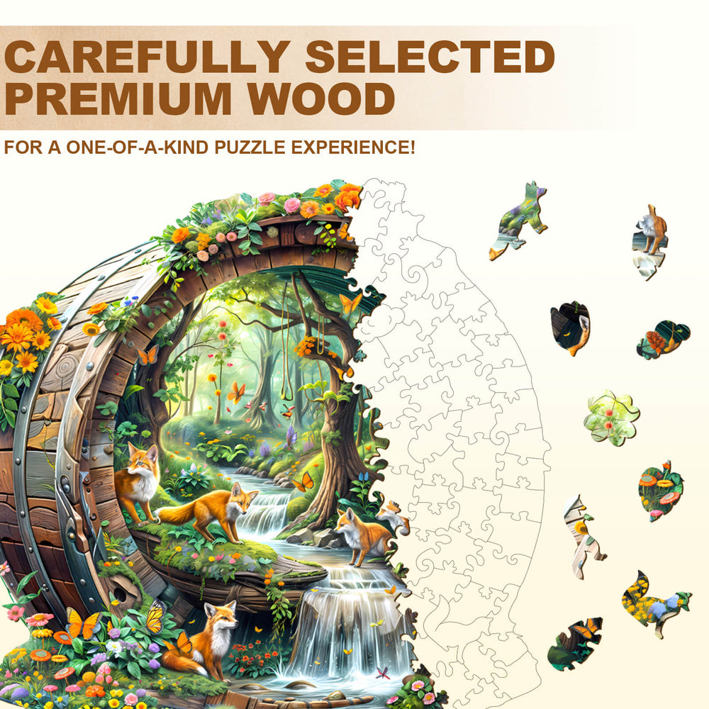 Happy foxes-1 wooden jigsaw puzzle featuring a vibrant forest scene with animals and flowing water, showcasing premium wood quality.