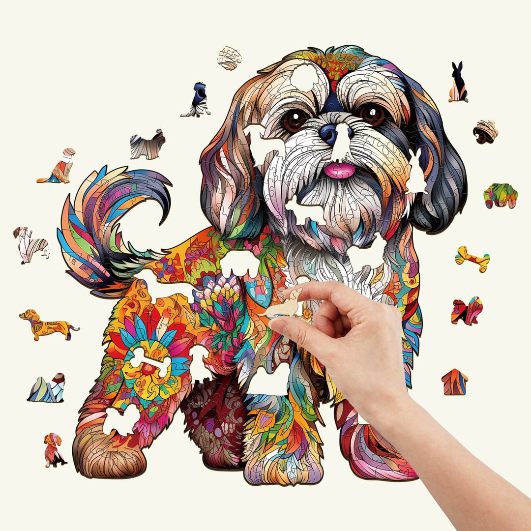 Colorful Shih Tzu wooden jigsaw puzzle with unique shapes and intricate designs being assembled.