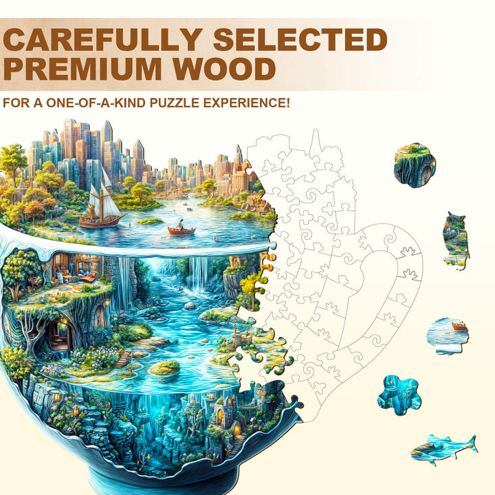 Urban Forest Cup wooden jigsaw puzzle showcasing a vibrant city and nature scene, made from premium wood for unique gameplay.