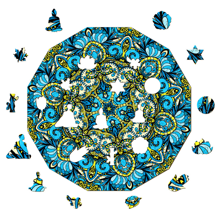 Doodle art by Lori Anne McKague featuring intricate blue and yellow patterns, perfect for home decor enthusiasts.