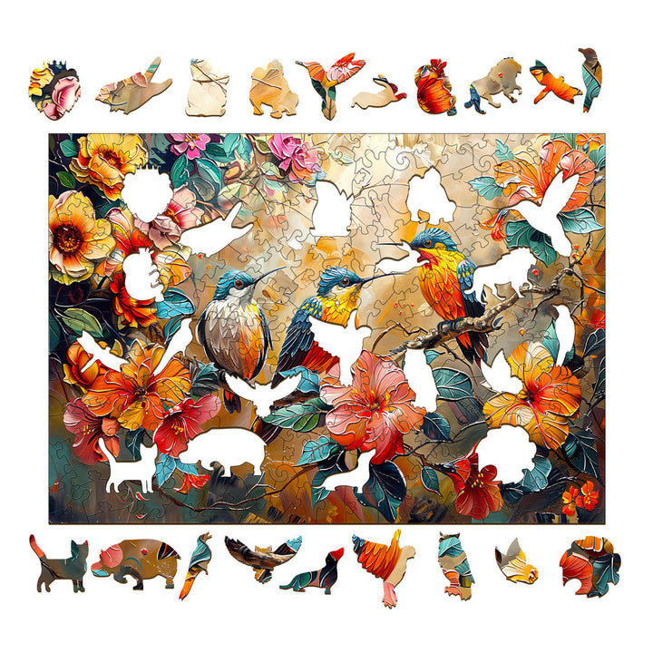 Colorful Hummingbird Garden wooden jigsaw puzzle pieces featuring vibrant flowers and birds for mind games and focus.