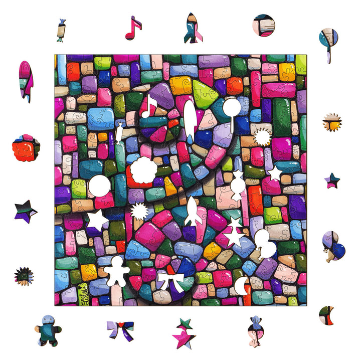 Colorful puzzle art featuring whimsical shapes and vibrant colors by artist Erin Desjardine. Perfect for adding creativity to any space.