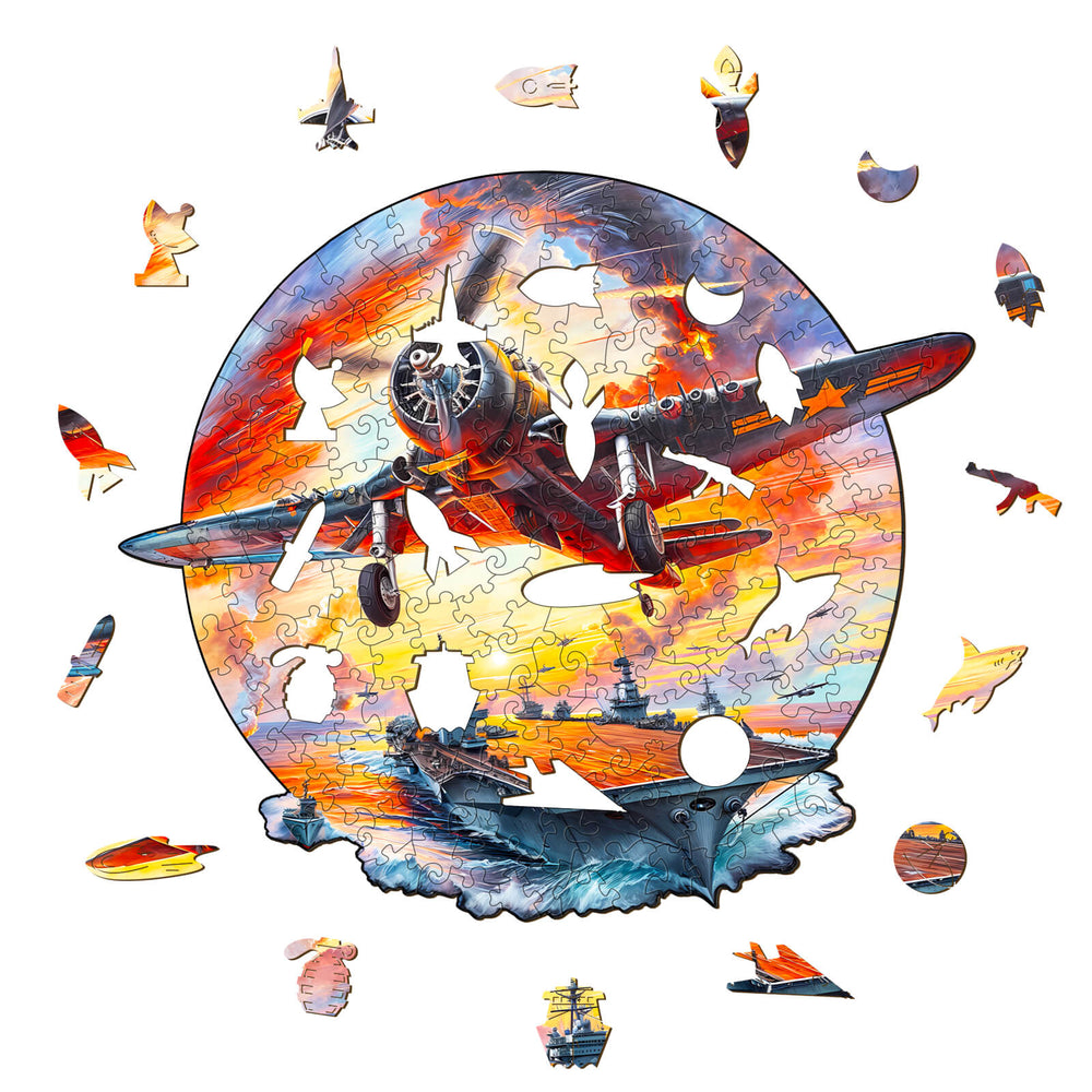 Fighter Plane Wooden Jigsaw Puzzle featuring vibrant sunset and various military vehicles, perfect for mind games and focus.