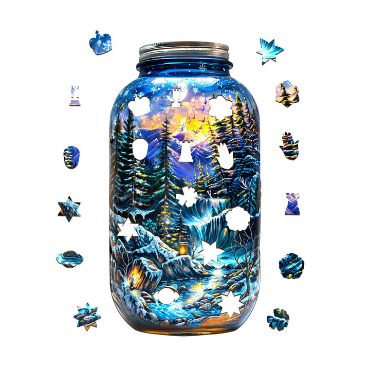Colorful jar surrounded by wooden jigsaw puzzle pieces featuring a winter dreamscape scene.