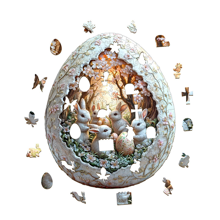 3D Eggshell world Easter-2 wooden jigsaw puzzle featuring rabbits in a floral scene.