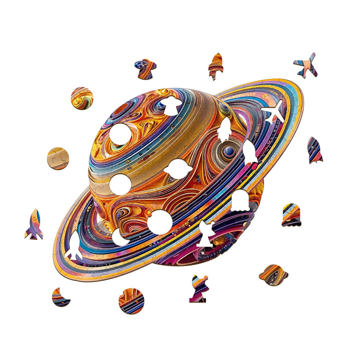 3D Fantasy Saturn Wooden Jigsaw Puzzle pieces surrounded by vibrant colorful designs, perfect for mind games and focus.