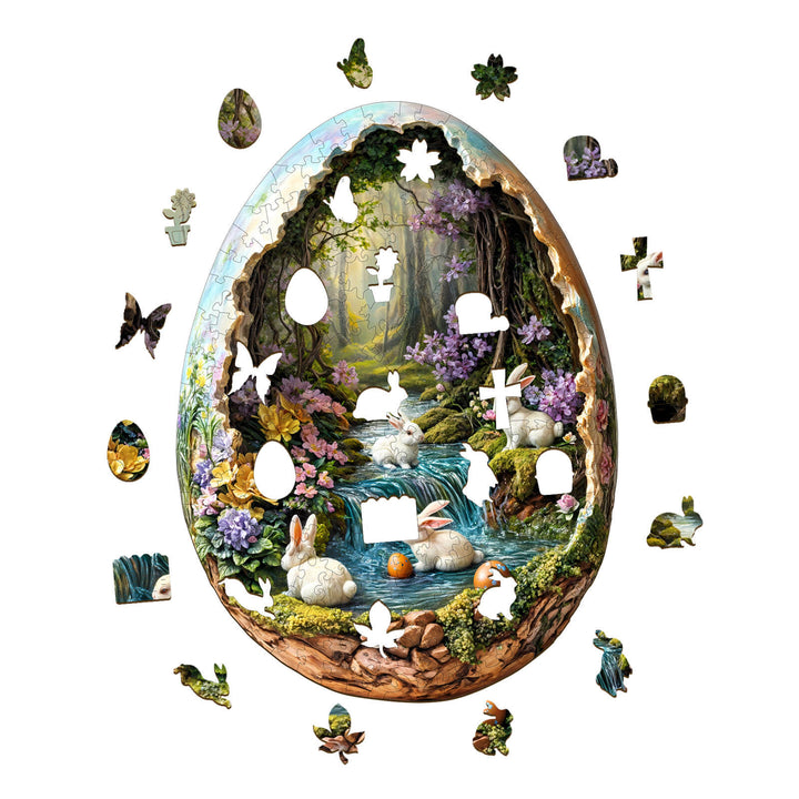 Wonderland Easter-3 wooden jigsaw puzzle featuring a vibrant scene of bunnies and nature, perfect for brain teasers.