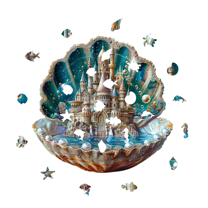 Pearlspire Citadel-2 wooden jigsaw puzzle featuring a beautiful underwater castle scene with fish and pearls.