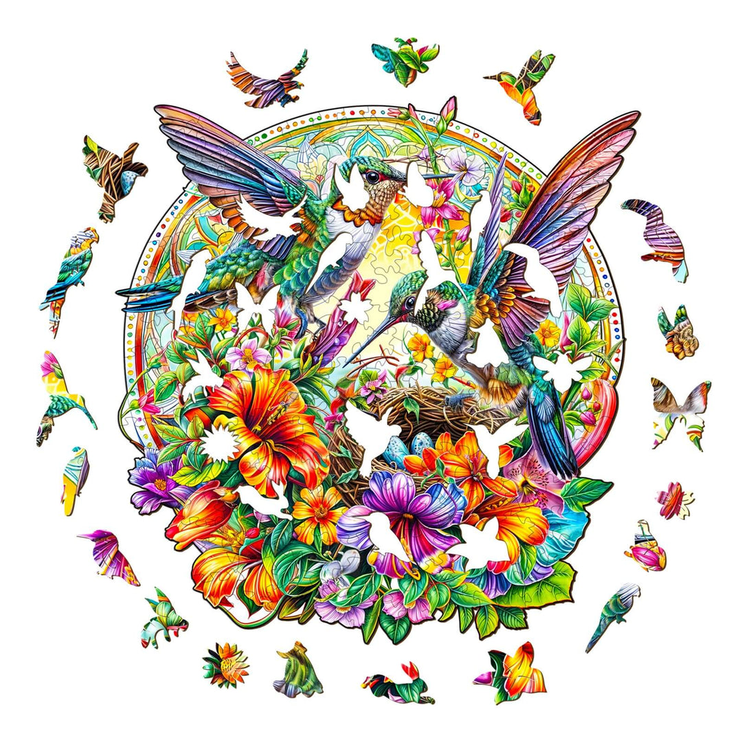 Vibrant Hummingbird Haven Wooden Jigsaw Puzzle featuring colorful flowers and hummingbirds, perfect for puzzle enthusiasts.